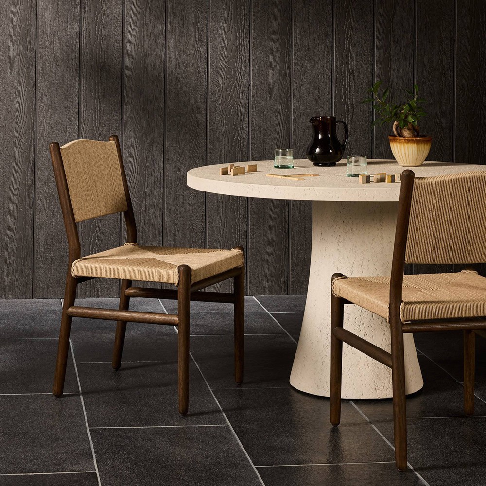 Hirom Updated Traditional Vintage White Woven Brown Teak Wood Outdoor Dining Chair|