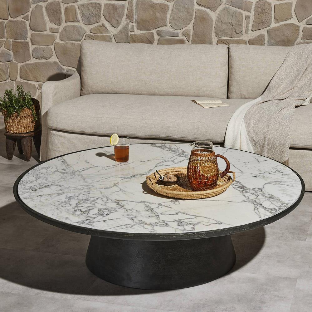Berlin Modern Classic White Marble Grey Aluminum Round Outdoor Coffee Table|