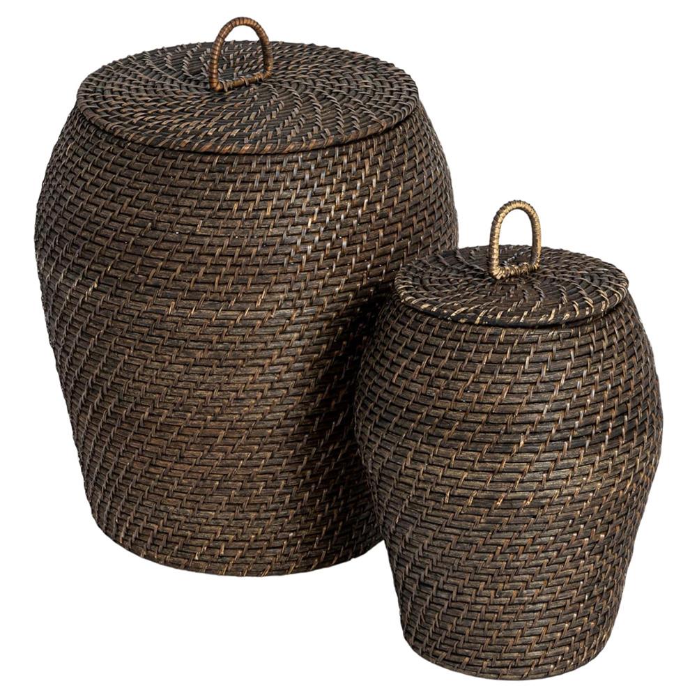 Cassie Coastal Washed Black Rattan Hamper - Set of 2|
