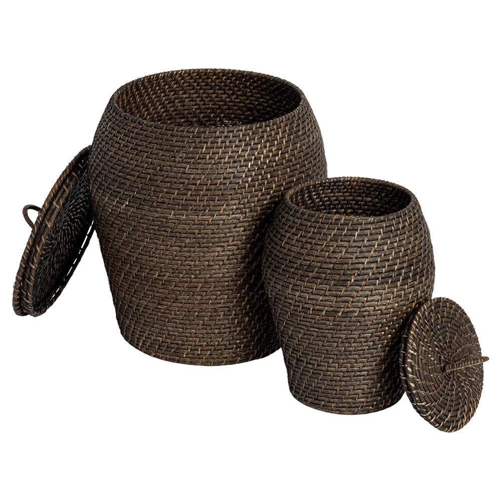 Cassie Coastal Washed Black Rattan Hamper - Set of 2|