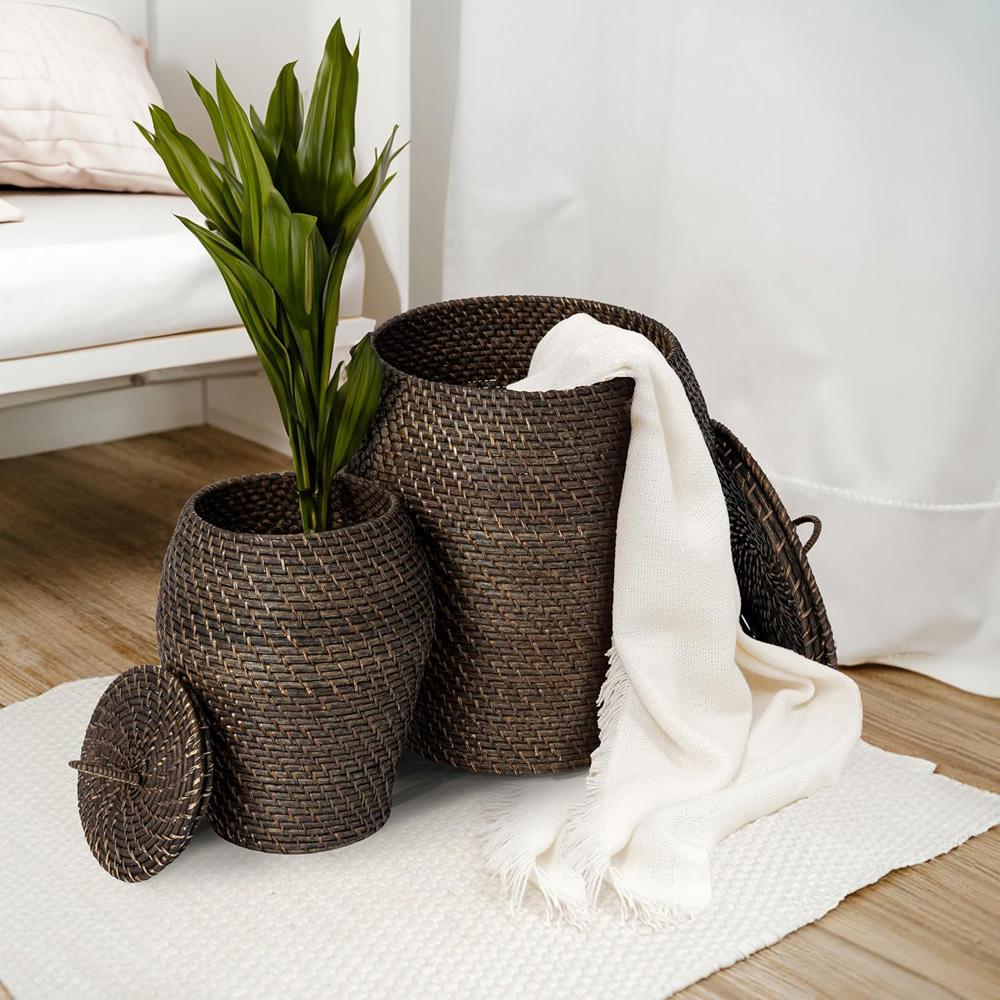 Cassie Coastal Washed Black Rattan Hamper - Set of 2|