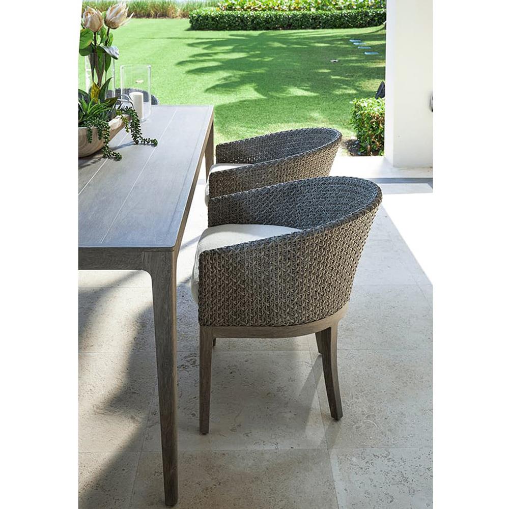 Mavis Coastal Beach White Sunbrella Grey Woven Wicker Outdoor Dining Arm Chair|