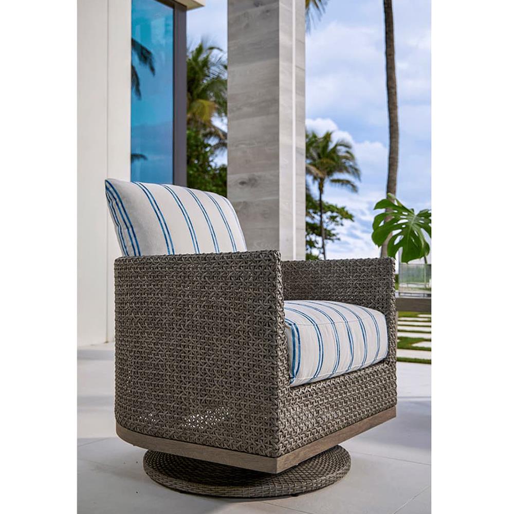 Mavis Coastal White Sunbrella Grey Woven Wicker Outdoor Swivel