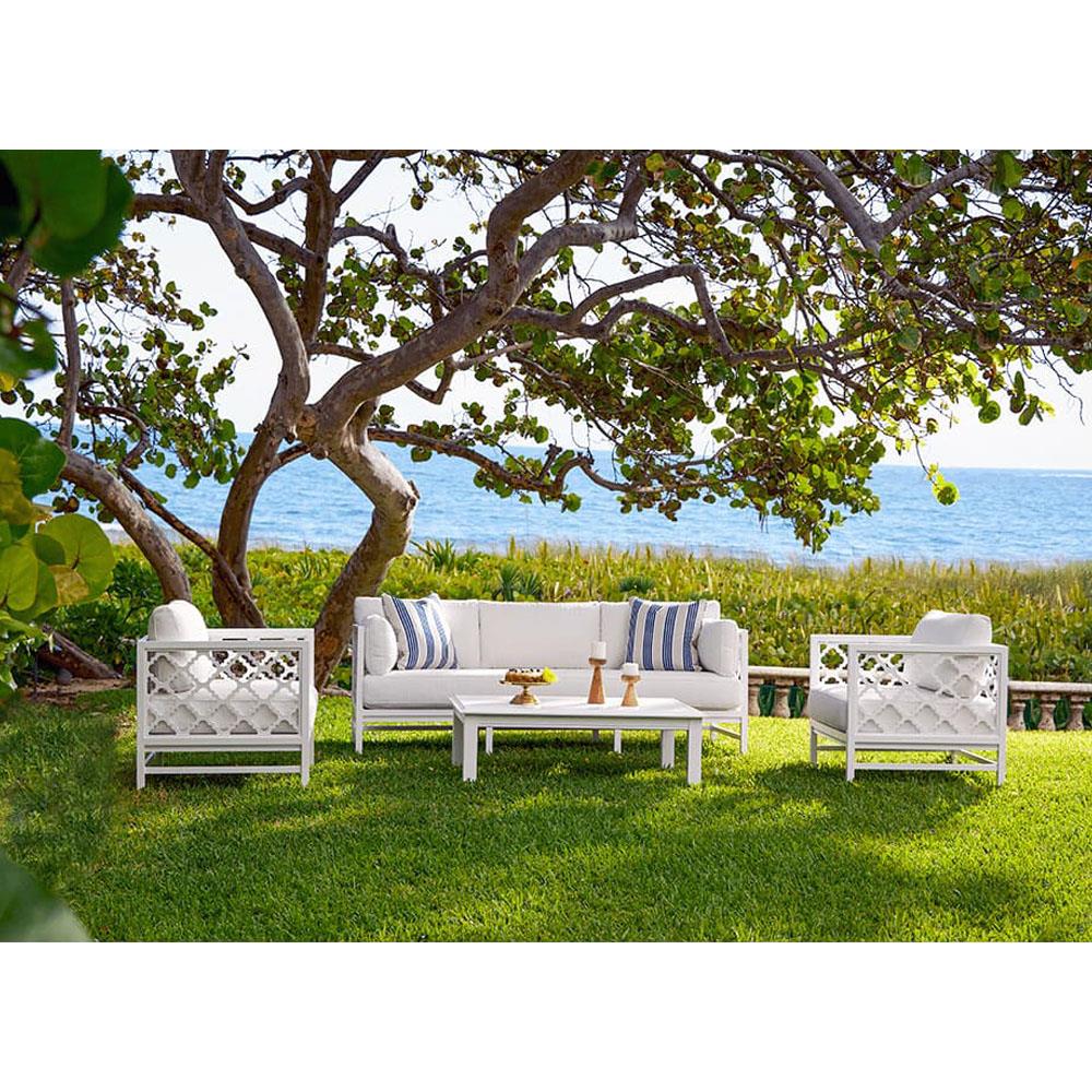 Alec French Country White Sunbrella Grey Aluminum Outdoor Sofa - 87"|