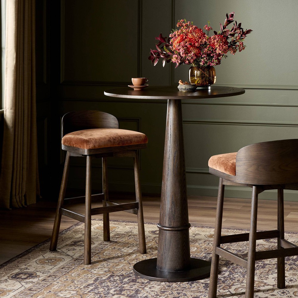 Caius Rustic Lodge Rust Velvet Dark Brown Oak Swivel Counter Stool