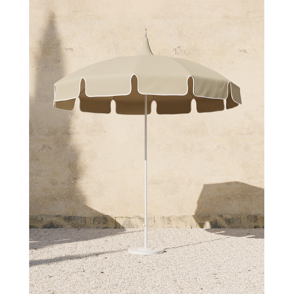 antique beige patio umbrella Lucille French Country Antique Beige Sunbrella White Braid Aluminum Pagoda  Umbrella