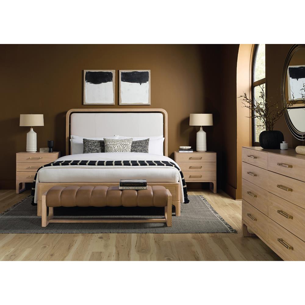 Xavier Modern Classic Toast Leather Light Oak Bedroom Bench|