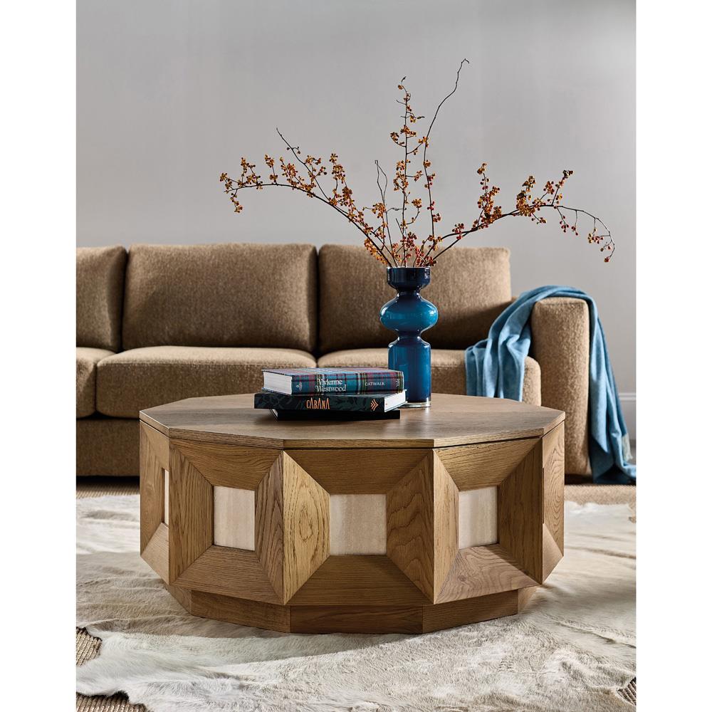Kara Modern Classic Brown Oak Geometric Round Coffee Table|