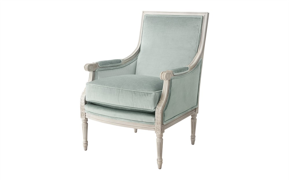 Juliette Sea Mist Velvet Vintage White Bergere Chair|