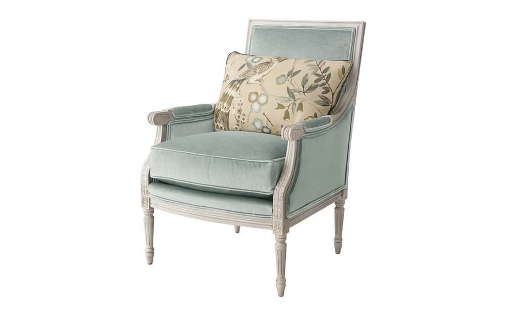 Juliette Sea Mist Velvet Vintage White Bergere Chair|