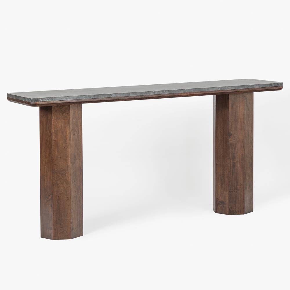 Nyra Rustic Lodge Black Marble Brown Wood Console Table Long (53