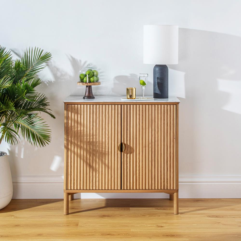 Cadence Modern Classic Marble Reeded Oak Wood Media Cabinet - 38"|