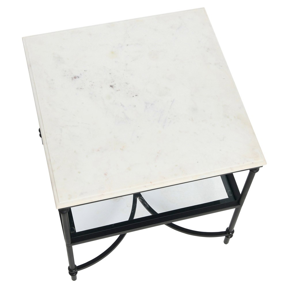 Rhea French Country White Marble Black Metal Square End Table|