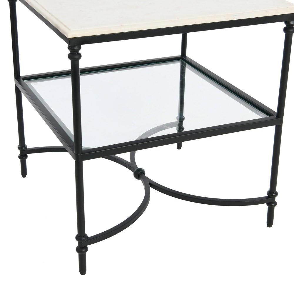 Rhea French Country White Marble Black Metal Square End Table|