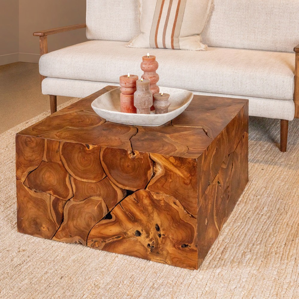 Micah Coastal Beach Brown Teak Root Square Block Coffee Table 21