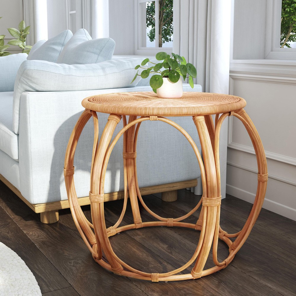 Anza Coastal Beach Natural Rattan Round End Table Wide (over 24