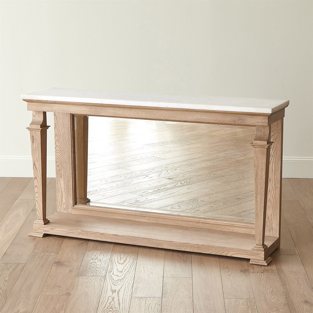 Solene French Country White Marble Bleached Oak Mirror Console