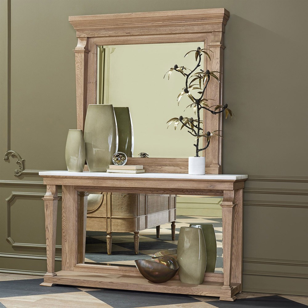 Solene French Country White Marble Bleached Oak Mirror Console