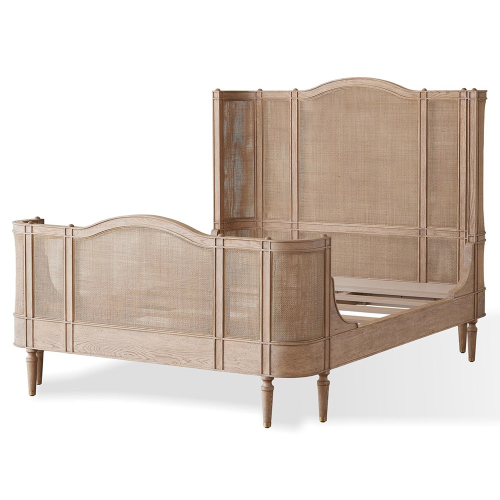 Solene French Country Beige Woven Cane Oak Bed - Queen Queen