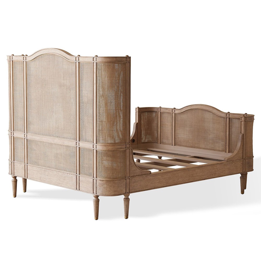 Solene French Country Beige Woven Cane Oak Bed - Queen Queen