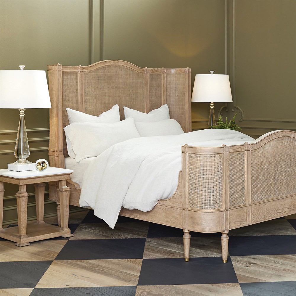 Solene French Country Beige Woven Cane Oak Bed - Queen Queen