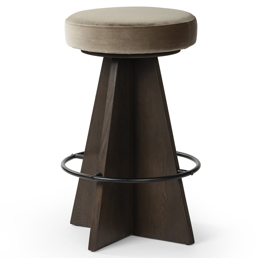 Donovan Mid Century Taupe Velvet Oak Wood Swivel Counter Stool|