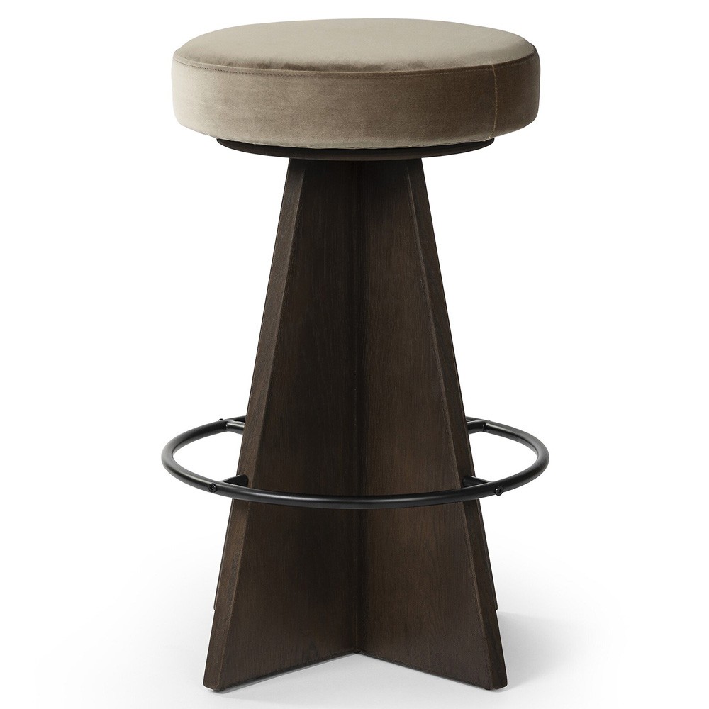 Donovan Mid Century Taupe Velvet Oak Wood Swivel Counter Stool|