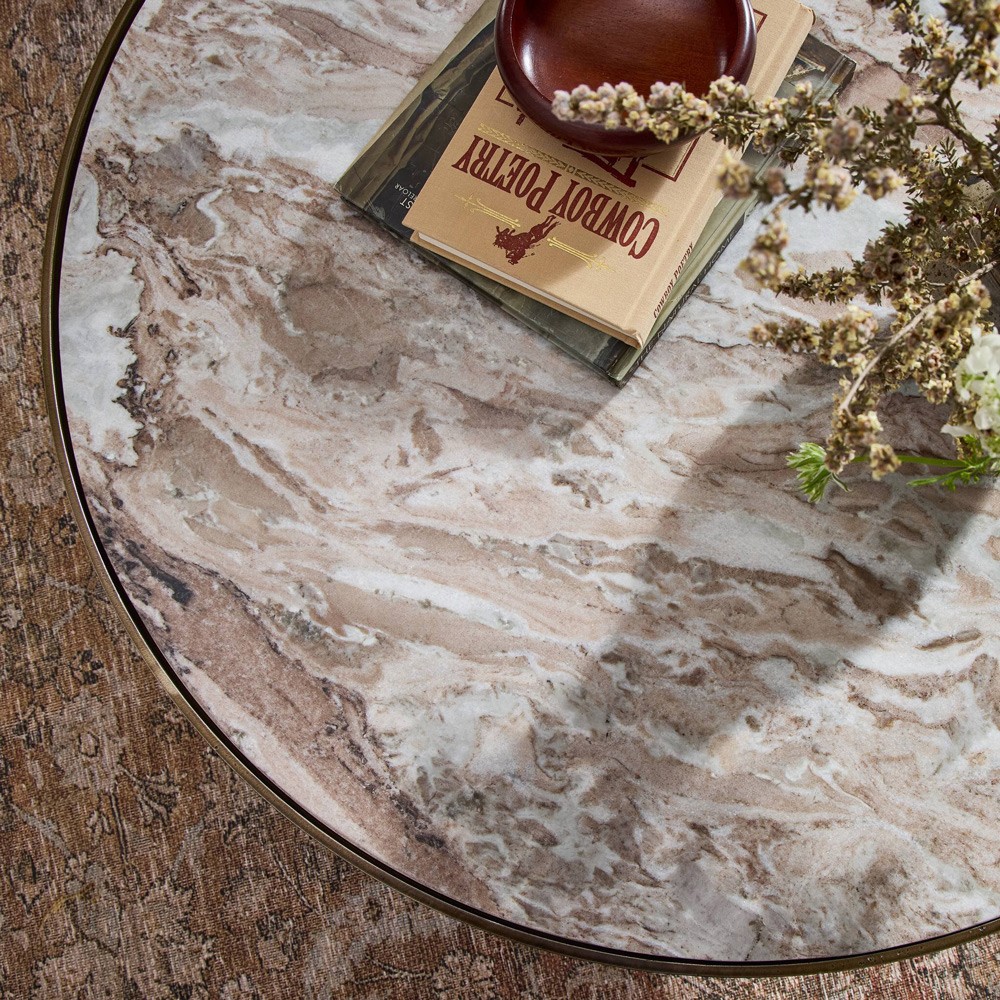 Malia Industrial Taupe Marble Aged Bronze Iron Round Coffee Table|