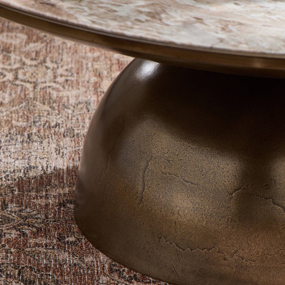 Malia Industrial Taupe Marble Aged Bronze Iron Round Coffee Table|