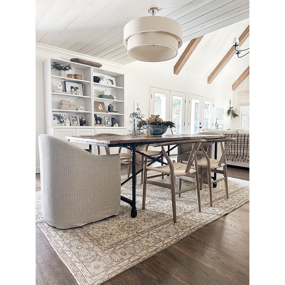 Desiree French Country Beige Striped Slipcovered Dining Arm Chair|