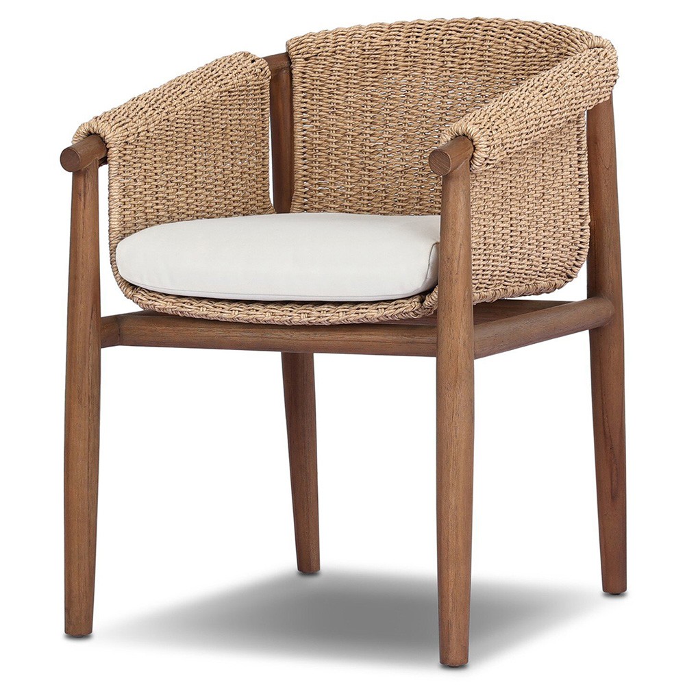 Sophie Coastal Beach White Upholstered Brown Teak Woven Outdoor Dining Arm Chair|