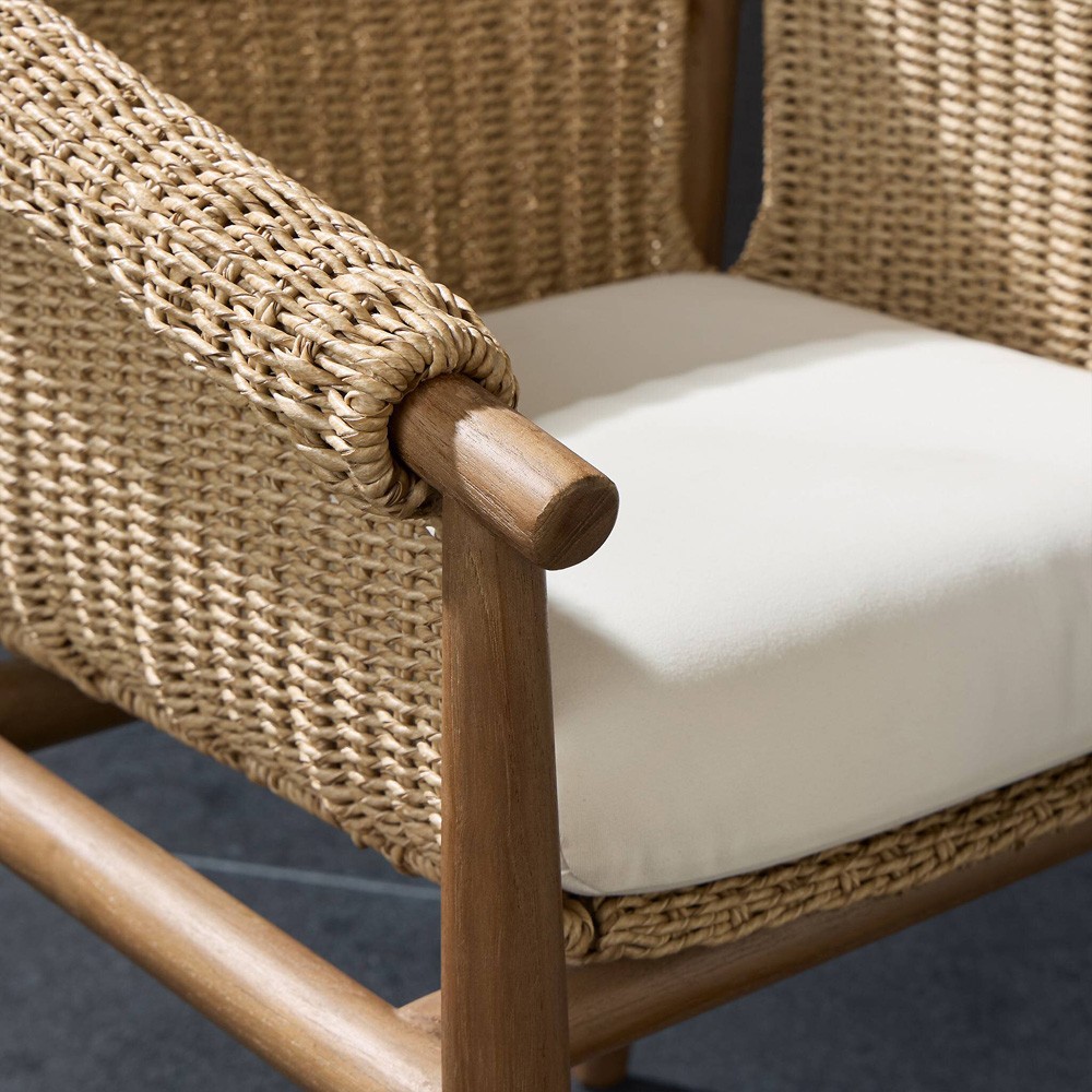 Sophie Coastal Beach White Upholstered Brown Teak Woven Outdoor Dining Arm Chair|