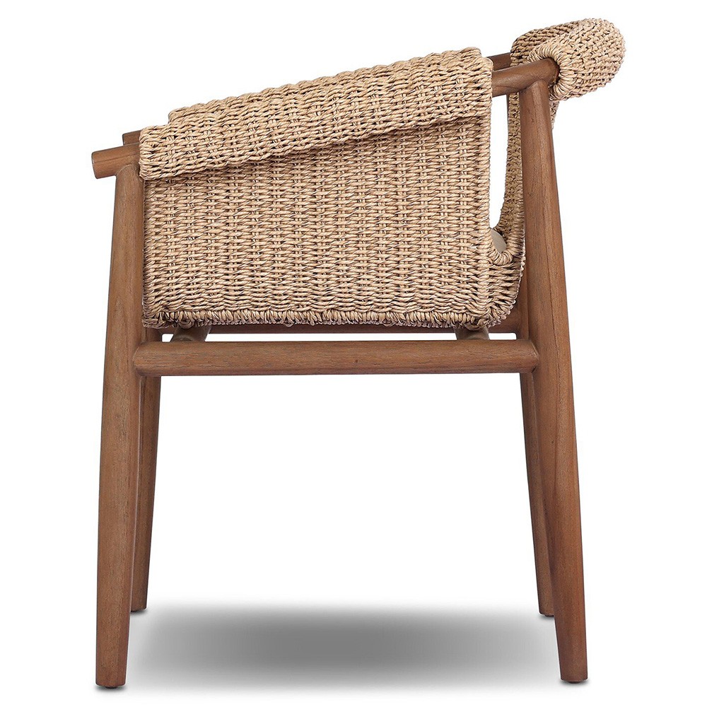 Sophie Coastal Beach White Upholstered Brown Teak Woven Outdoor Dining Arm Chair|