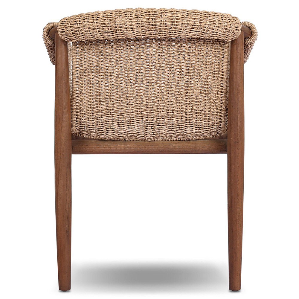 Sophie Coastal Beach White Upholstered Brown Teak Woven Outdoor Dining Arm Chair|
