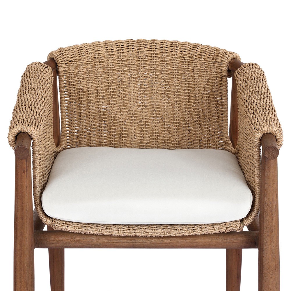 Sophie Coastal Beach White Upholstered Brown Teak Woven Outdoor Dining Arm Chair|