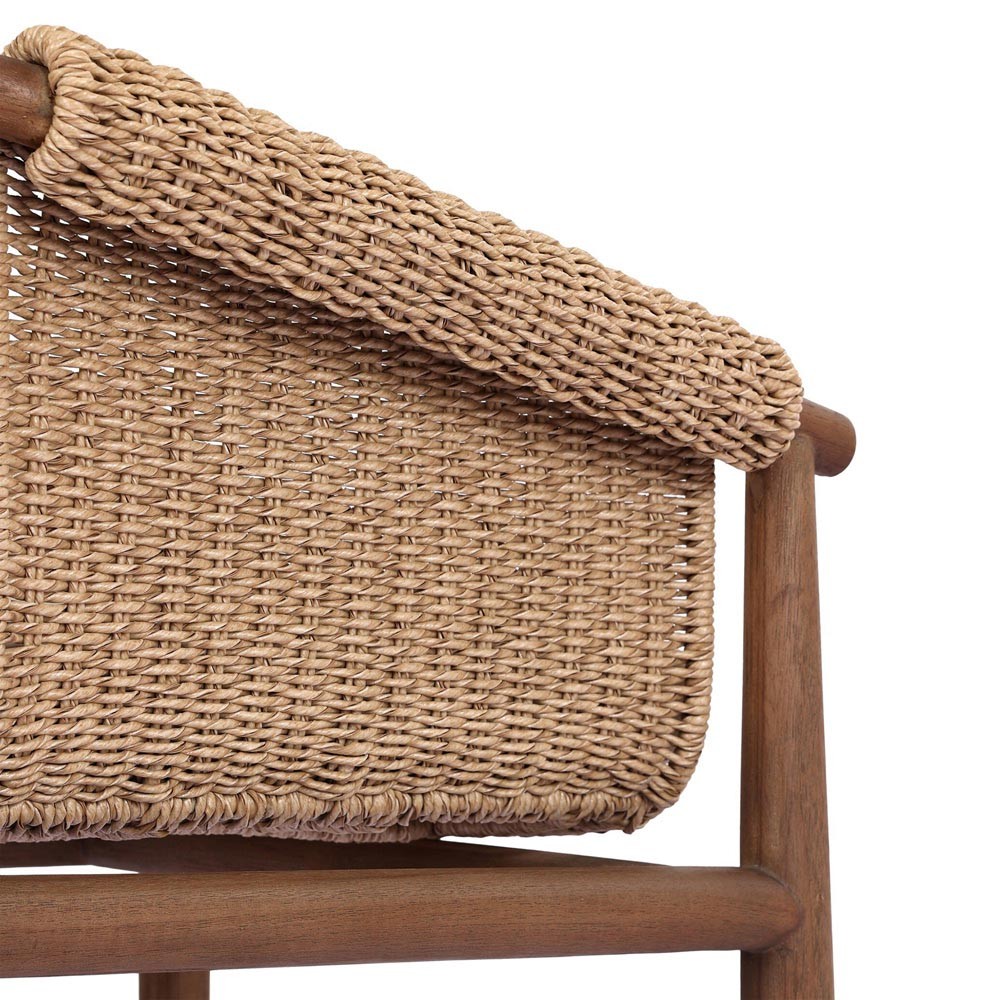 Sophie Coastal Beach White Upholstered Brown Teak Woven Outdoor Dining Arm Chair|