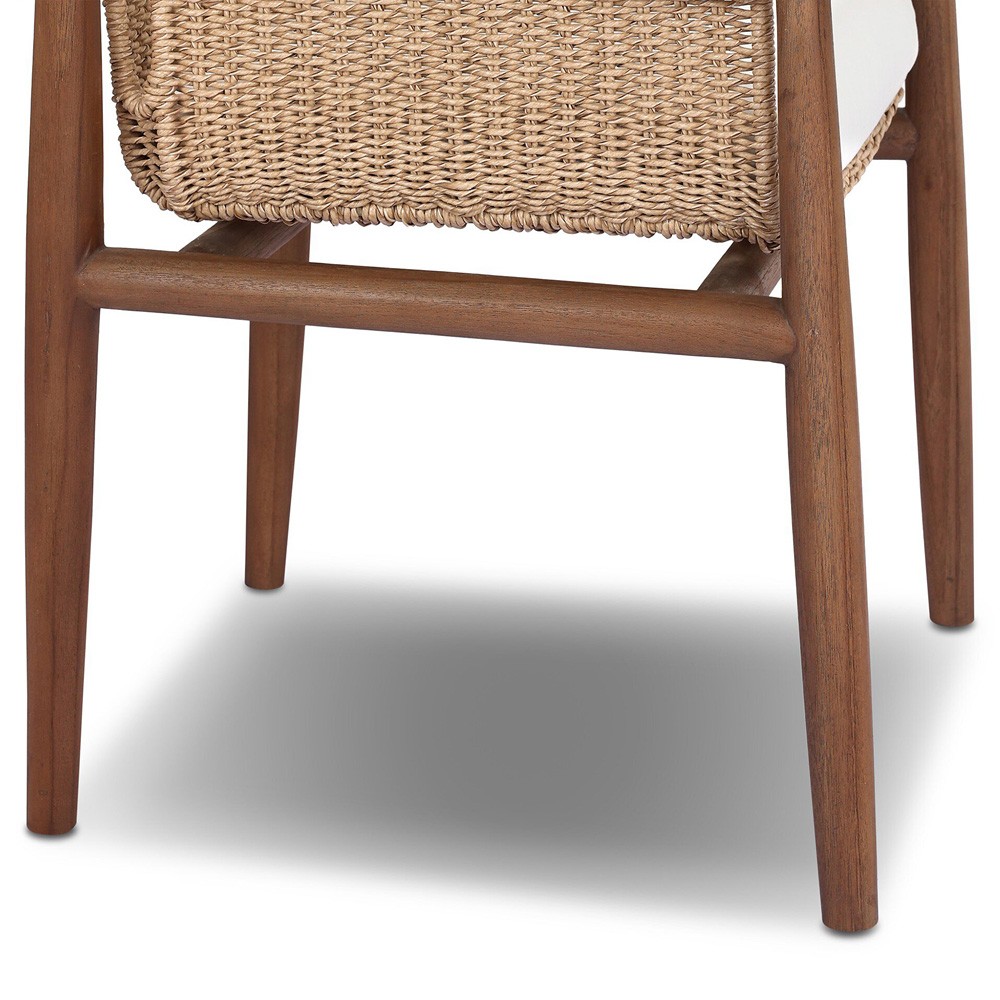 Sophie Coastal Beach White Upholstered Brown Teak Woven Outdoor Dining Arm Chair|