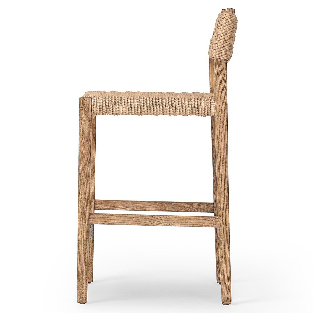 Henry Coastal Beach Brown Oak Natural Woven Rush Counter Stool