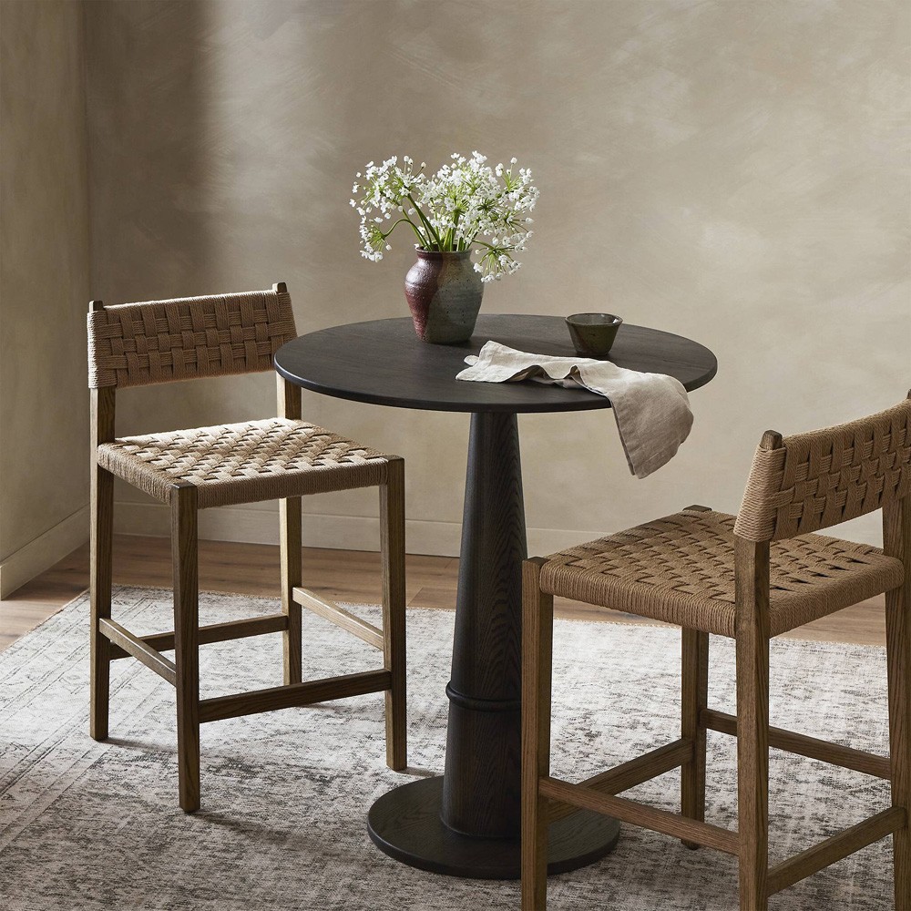 Henry Coastal Beach Brown Oak Natural Woven Rush Counter Stool