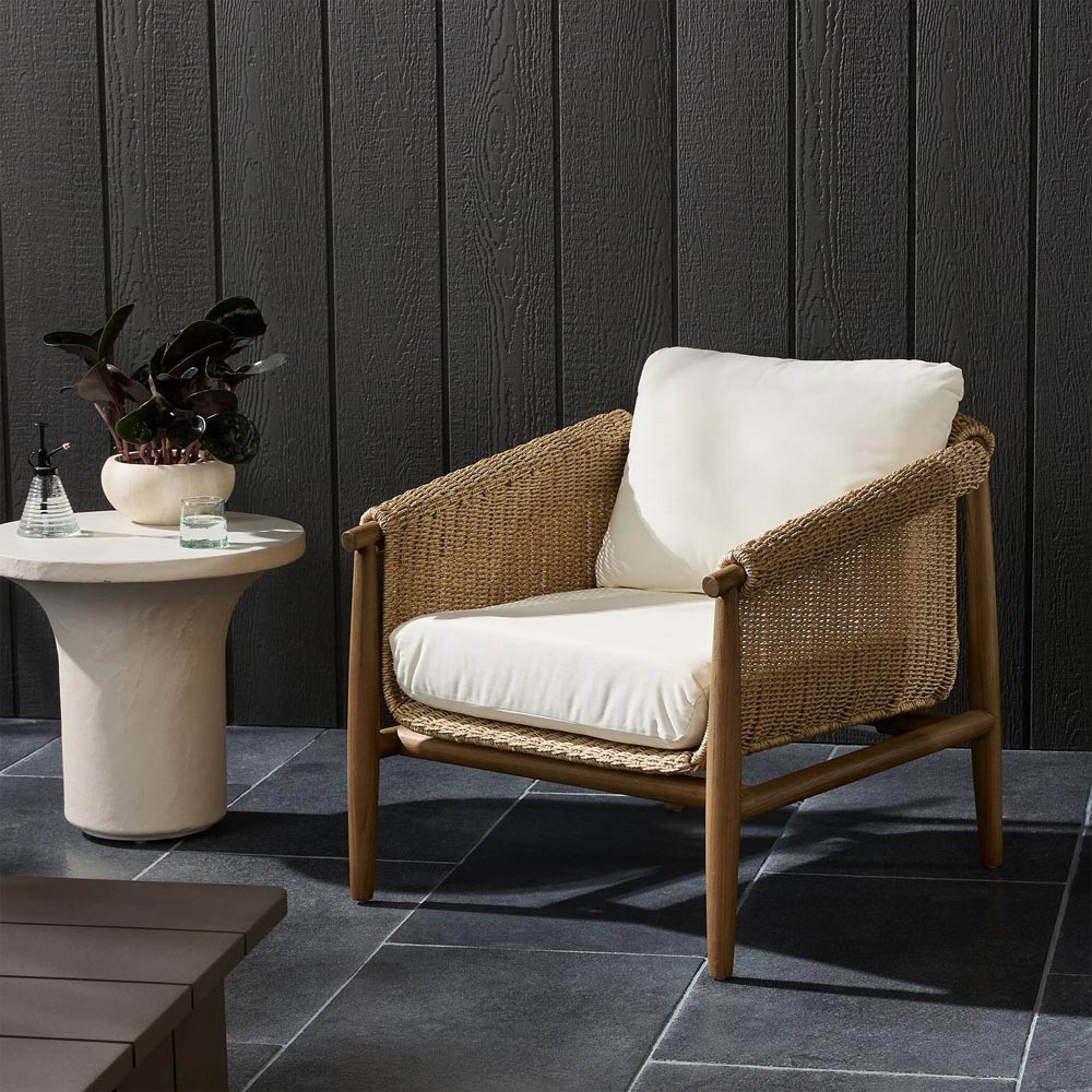 Sophie Coastal Beach White Upholstered Brown Teak Woven Outdoor Lounge Chair|