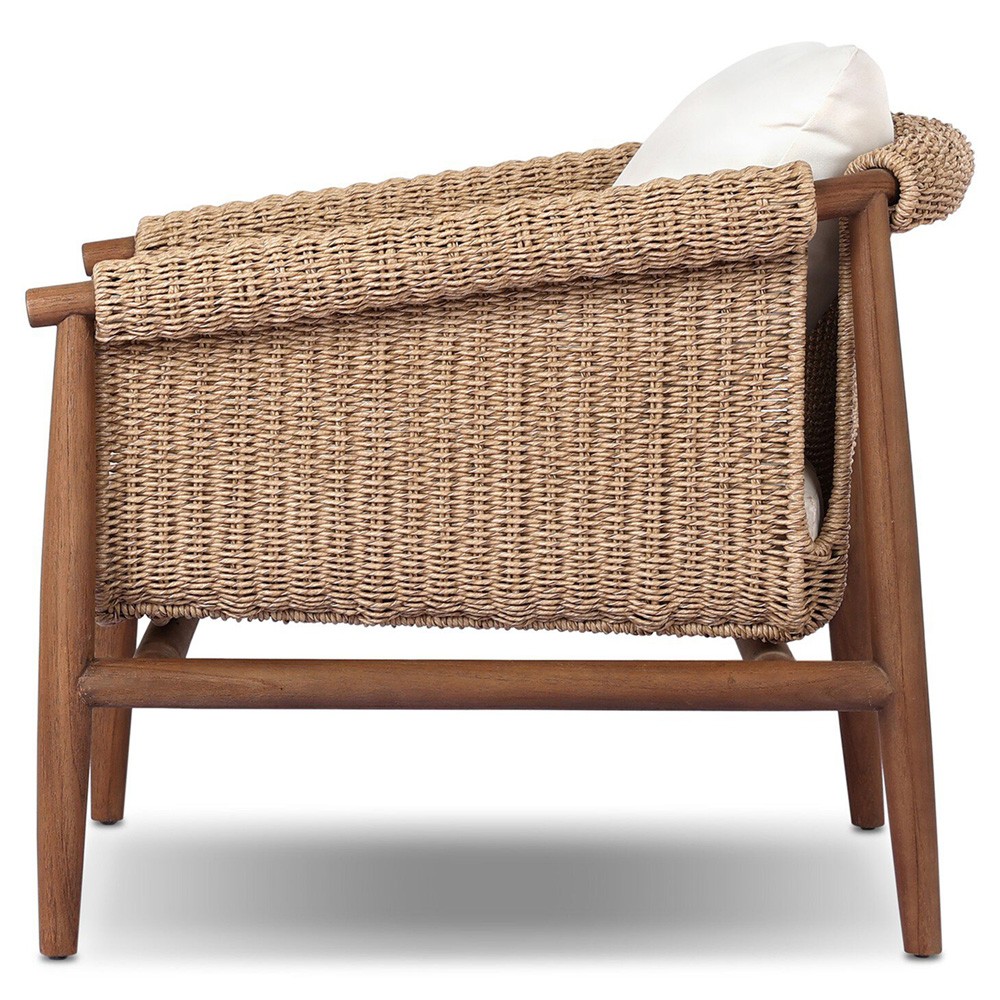 Sophie Coastal Beach White Upholstered Brown Teak Woven Outdoor Lounge Chair|