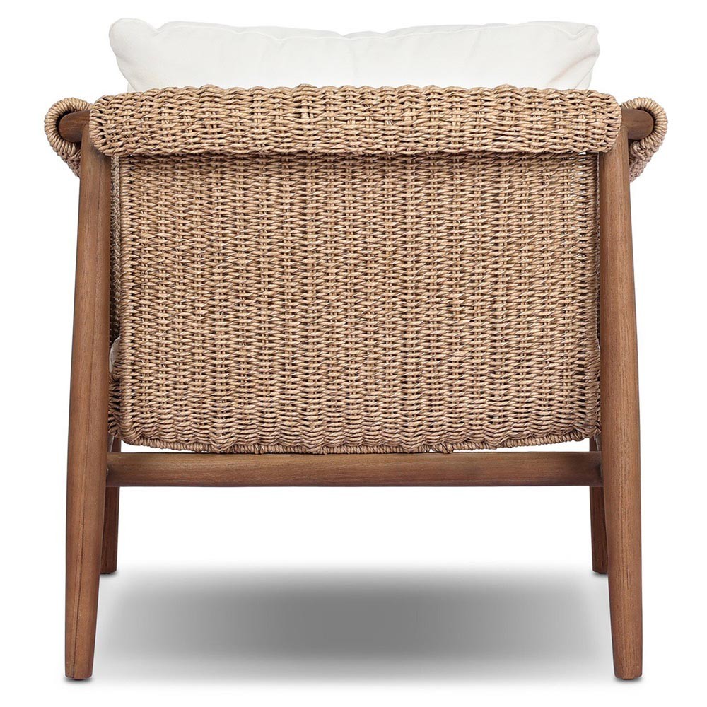 Sophie Coastal Beach White Upholstered Brown Teak Woven Outdoor Lounge Chair|