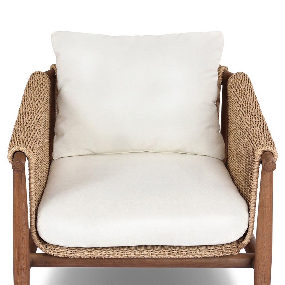 Sophie Coastal Beach White Upholstered Brown Teak Woven Outdoor Lounge Chair|
