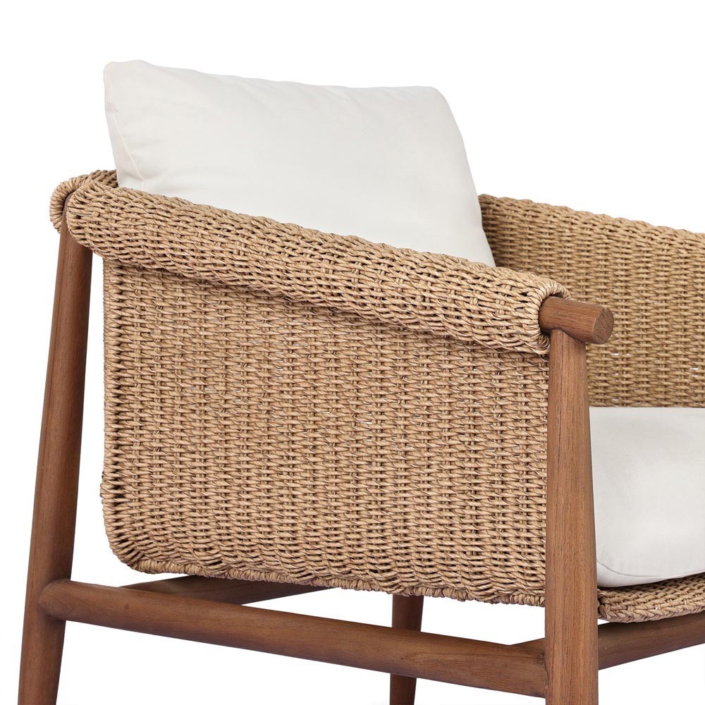 Sophie Coastal Beach White Upholstered Brown Teak Woven Outdoor Lounge Chair|