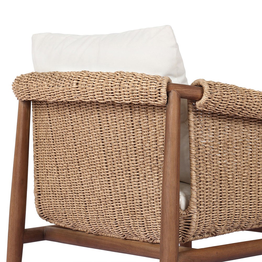 Sophie Coastal Beach White Upholstered Brown Teak Woven Outdoor Lounge Chair|