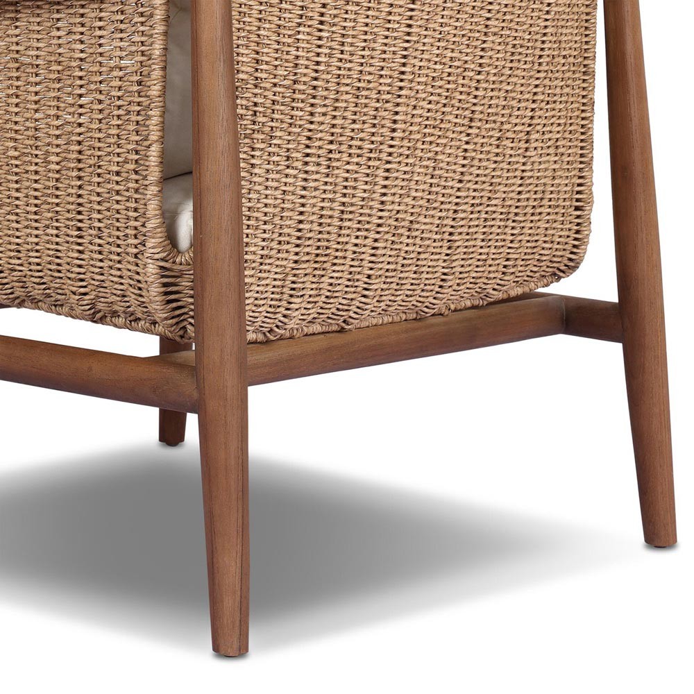 Sophie Coastal Beach White Upholstered Brown Teak Woven Outdoor Lounge Chair|