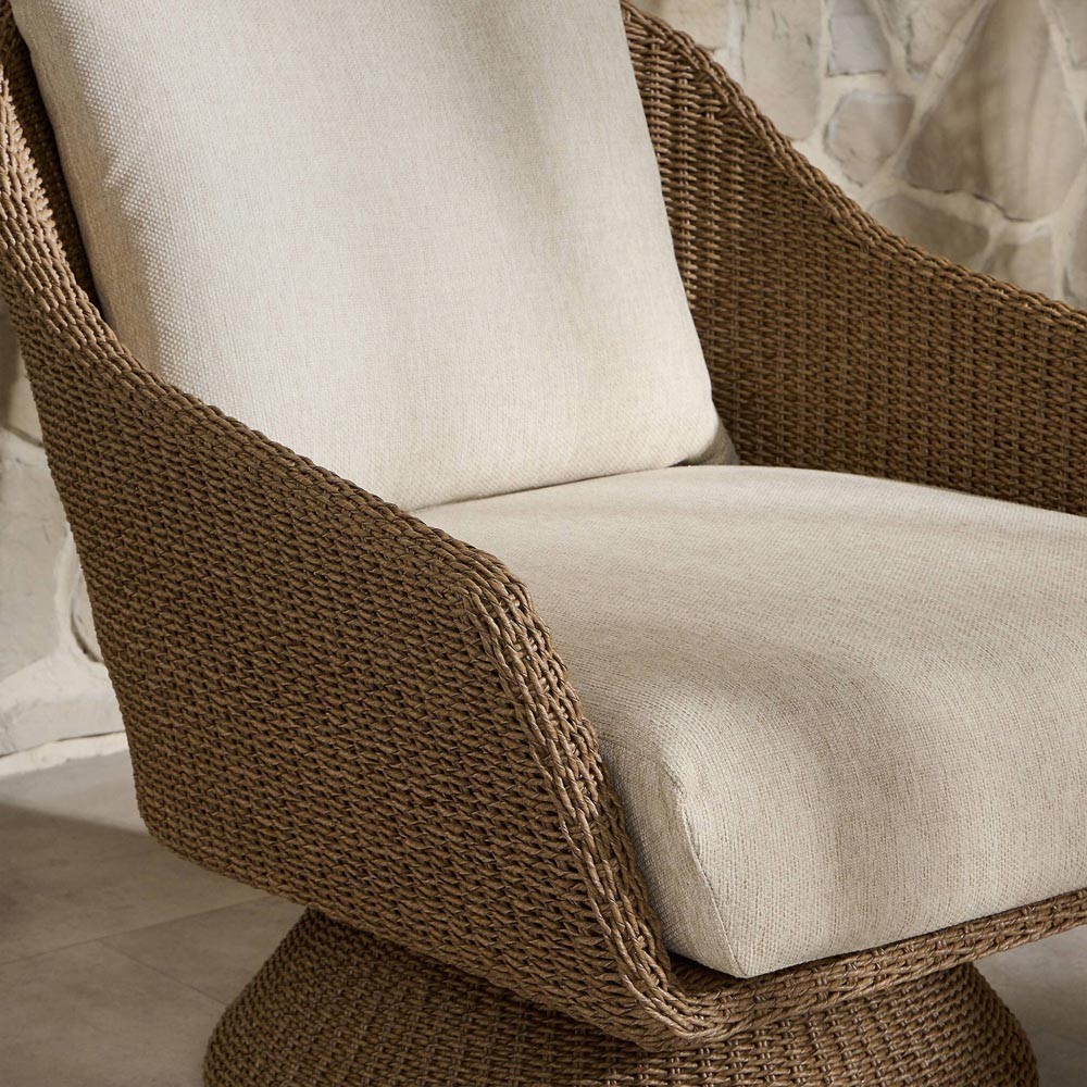 Marciana Coastal Beach Beige Upholstered Brown Woven Wicker Outdoor Swivel Chair|
