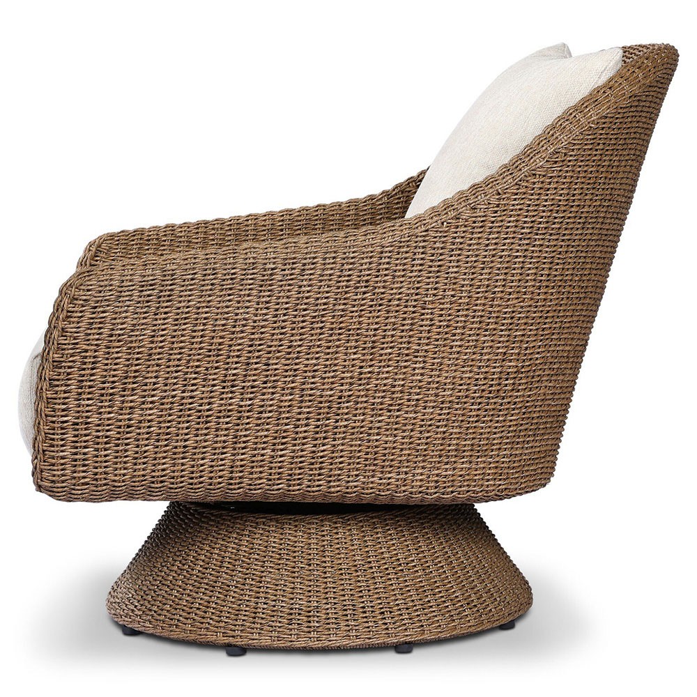 Marciana Coastal Beach Beige Upholstered Brown Woven Wicker Outdoor Swivel Chair|