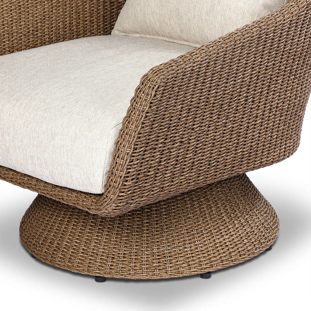 Marciana Coastal Beach Beige Upholstered Brown Woven Wicker Outdoor Swivel Chair|