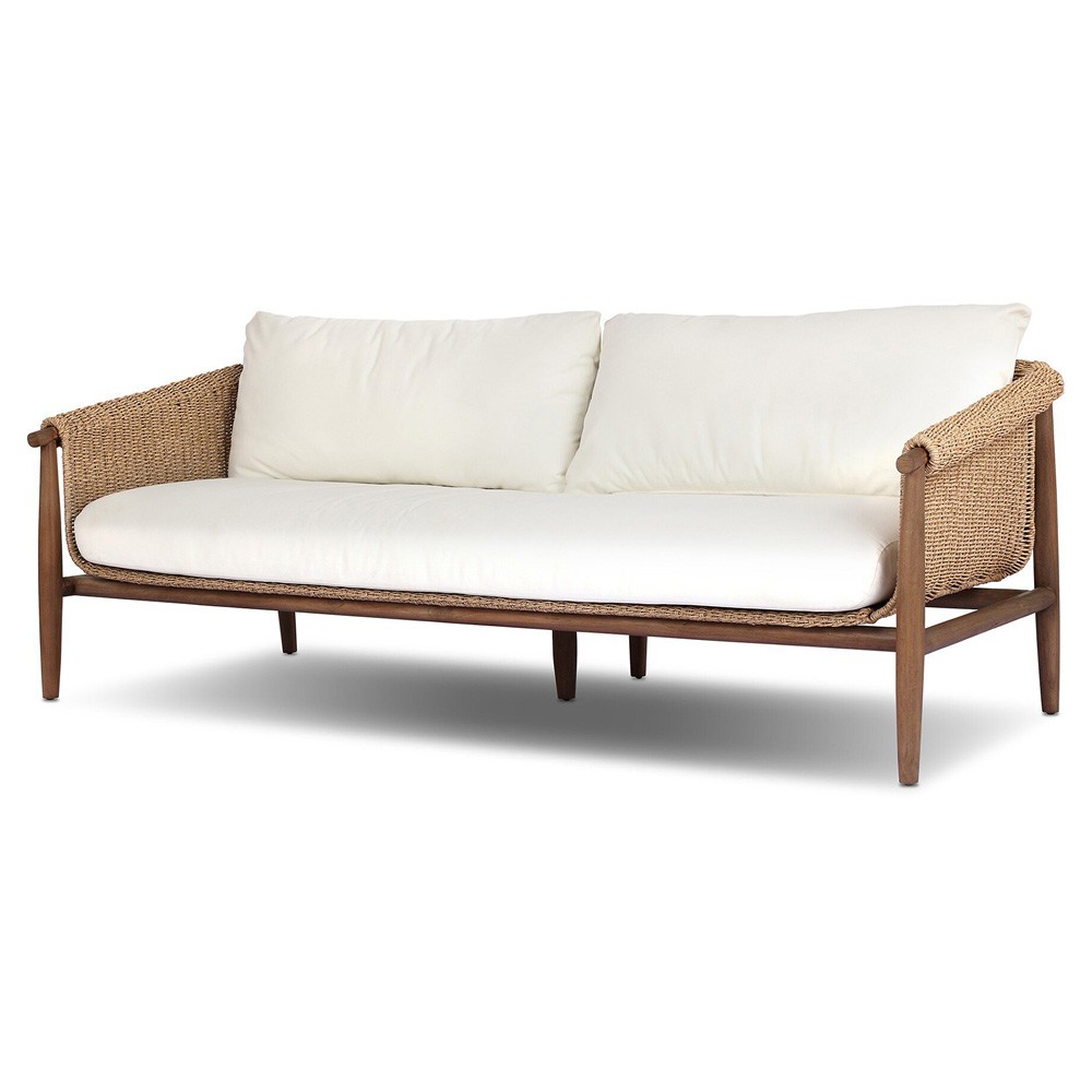 Sophie Coastal Beach White Upholstered Brown Teak Woven Outdoor Sofa - 76"|